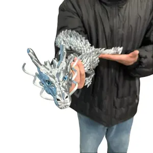 35.44-inch 3D-Printed Silver Chinese Dragon Figurine, Movable-Joint Fantasy Home Decor, Flexible Tabletop Sculpture for Home Office, Unique Mother's Day Gift, Mother's Day Gifts