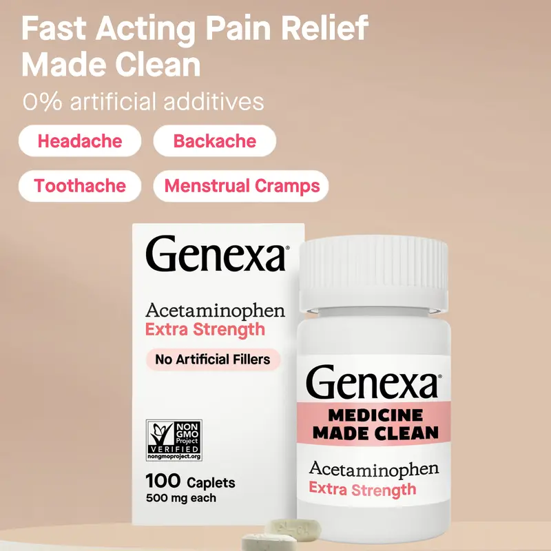 Genexa Clean Acetaminophen 500mg Extra Strength | Dye Free Pain Reliever Fever Reducer | 0% Artificial Additives | Pain Medicine for Adults | Relieves Headache, Backache, Minor Arthritis Pain, Menstrual Cramps