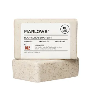 MARLOWE. No. 102 Men's Body Scrub Soap 7oz, Earthy Oud Wood Scent, Best Exfoliating Bar, Made with Natural Ingredients, Apricot Seed Powder, Shea Butter, Olive Oil, Green Tea Extracts Blend Comfort Vanilla Cleansing Smooth Fragrance