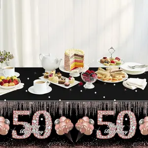 Women's Luxury Black Rose Gold 50th Birthday Rectangular Waterproof Plastic Tablecloth, 3-Piece Party Decor Table Cover Supplies for Home & Festive Use