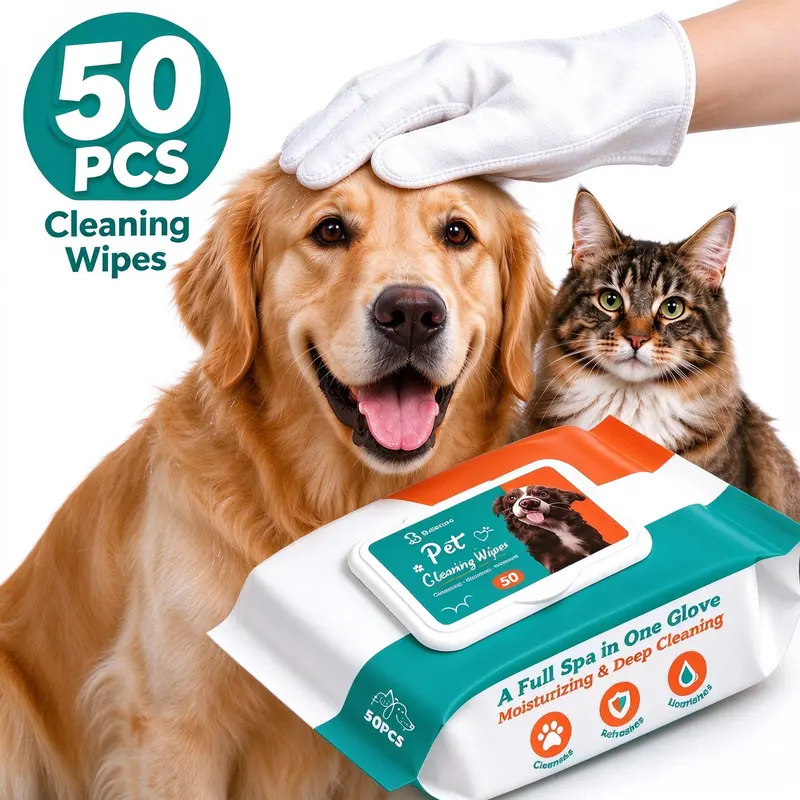 [50 Pcs] BeComfee  Fur Removal Grooming Wipes (Grooming Goods, Wipe Mitts) for Dogs & Cats, No-Rinse Disposable, Controlled Grip, Quick Clean, Deodorizes, Ideal for Daily & Travel Use