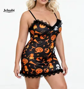 Jelsubi European and American Printed Plus Size Lingerie Lace Strap Dress Trendy Sexy Nightwear Loose XL-5XL Sleeveless Womenswear Loungewear Homewear Nightie