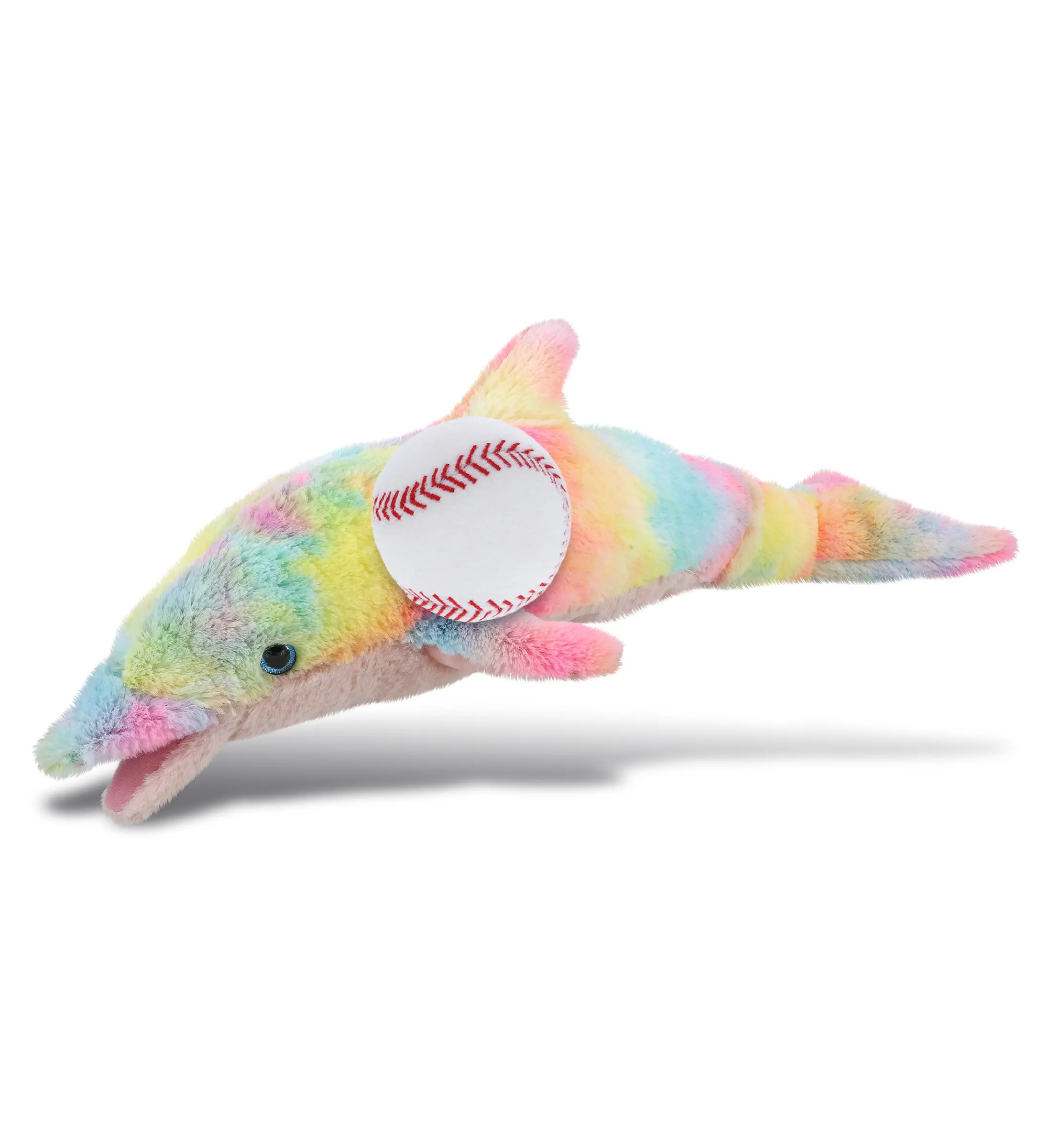 DOLLIBU 18-Inch Large Rainbow Dolphin Super-Soft Stuffed Animal with Attached Baseball, Unisex Polyester Toy, 18Lx4.5Wx4.5H In House Decor, Hand Wash & Dry for Kids
