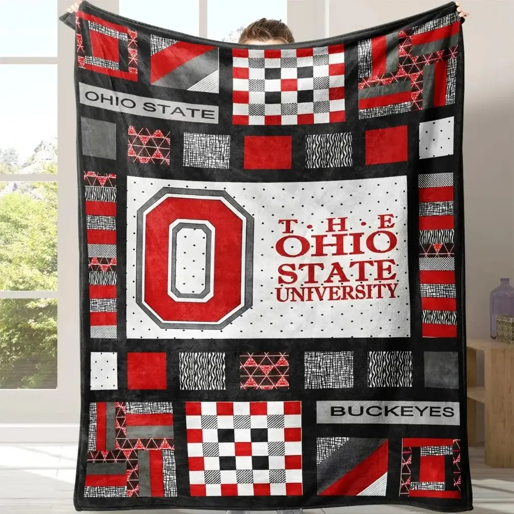 Ohio State University Modern Flannel Blanket - 1-Piece Flannel Fabric Lattice Pattern, Soft Cozy Warm, Multi-Size with Storage Bag for Home, Travel, Fading Resistance