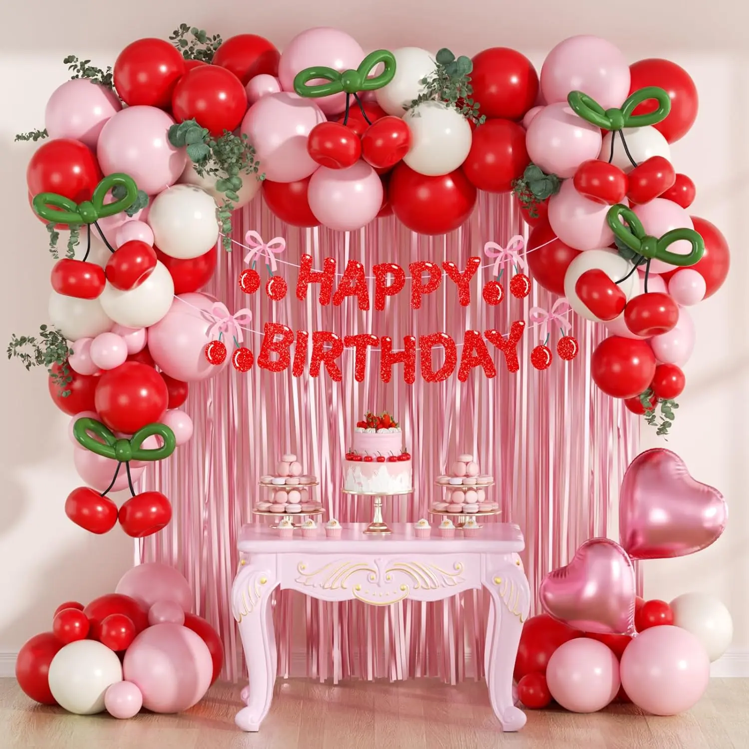 Cherry Birthday Party Kit with Red, Pink, White Balloons & Green Long Balloons, Fringe Banner