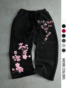 Men's Casual Sporty Long Pants, Sakura Pattern Print, Drawstring Wide Leg, Loose-Fitting, All Seasons, Men's Fashion Clothing