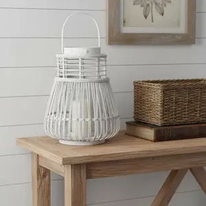 HomeRoots 634910 15 in. White Distressed Woven Manufactured Wood Centerpiece Lantern Candle Holder