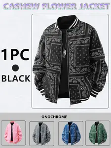 Men's Casual Cashew Flower Varsity Jacket, Vintage Lightweight Bomber Baseball Collar Jackets, Classic Fabric, Men's Fashion Stylish, Men's jackets, Streetwear, Men's Clothing Halloween Gifts