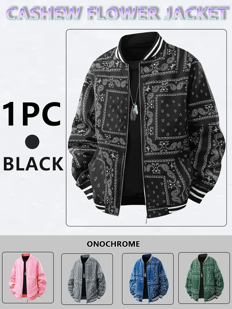 Men's Casual Cashew Flower Varsity Jacket, Vintage Lightweight Bomber Baseball Collar Jackets, Classic Fabric, Men's Fashion Stylish, Men's jackets, Streetwear, Men's Clothing Halloween Gifts