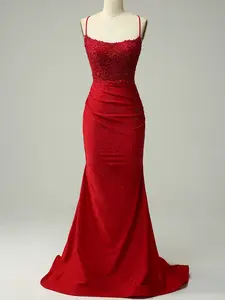 【BBONLINEDRESS】 Red Lace Mermaid Ruched Evening 「Gown」 for 「Prom Wedding Guest」