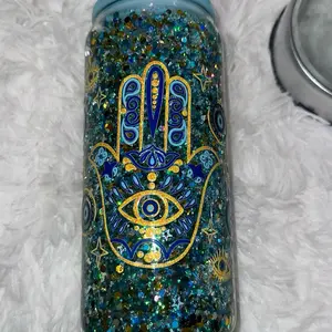 Evil Eye Snow Globe Glass Can W/ Acrylic Lid and Straw! Durable Drinkware Bottle Stylish