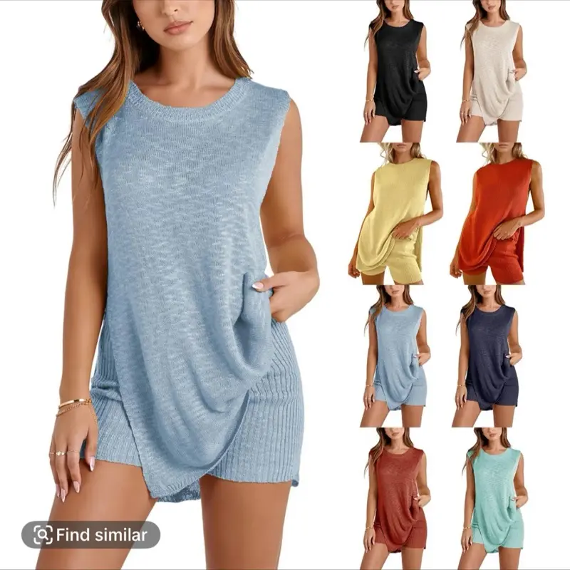 Women's  2 Piece Outfits Summer Knit Sweater Set Sleeveless  Tunic  Top Matching Shorts Trendy Beach Vacation Sets