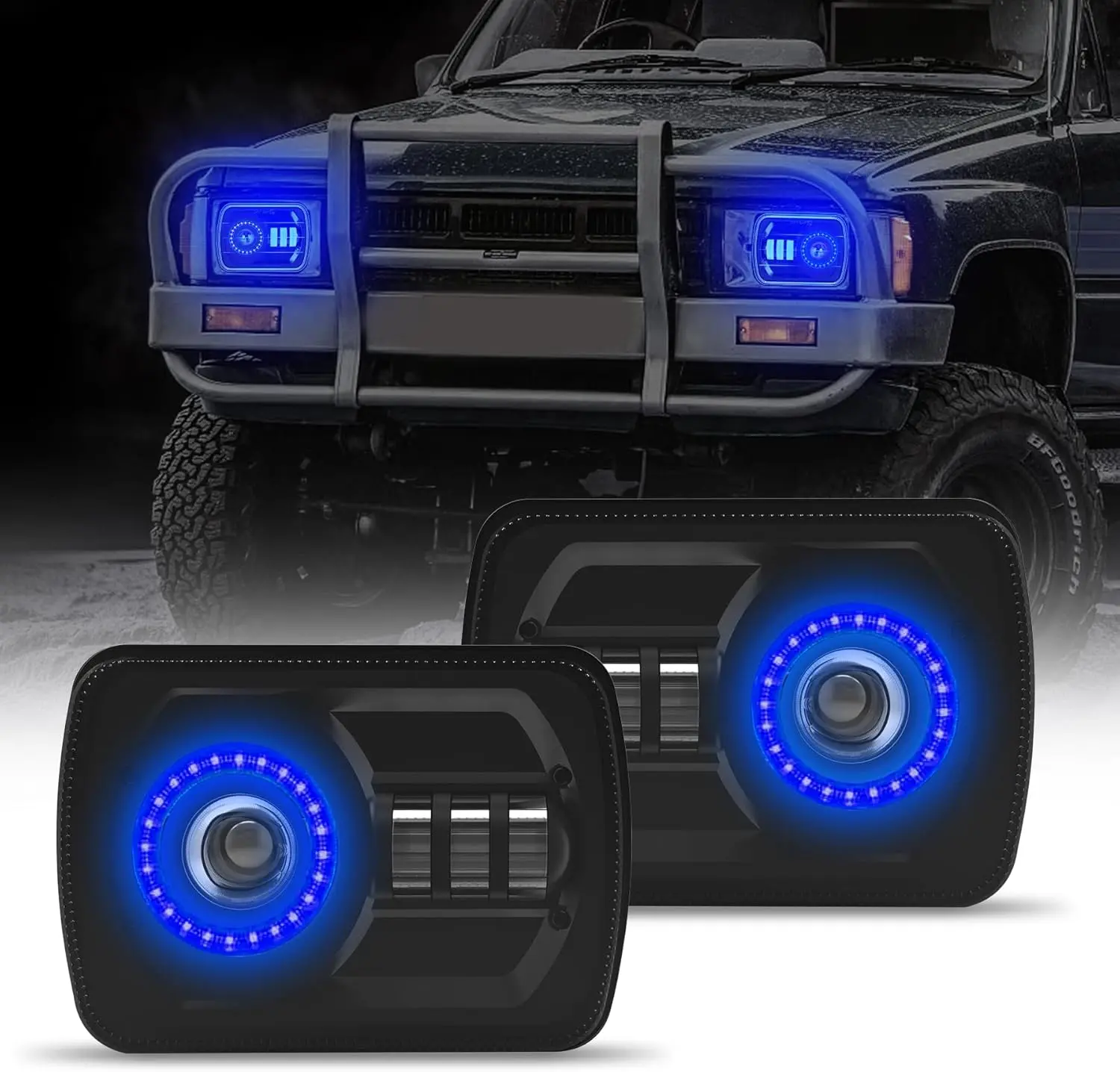 2Pcs Rectangle 5×7 7×6 Inch LED Headlights with Halo DRL & Turn Signal High/Low Beam,Compatible For Cherokee XJ Wrangler YJ GMC Dodge Kenworth T300 Replacement H6054 H5054 6052 (Blue Halo)