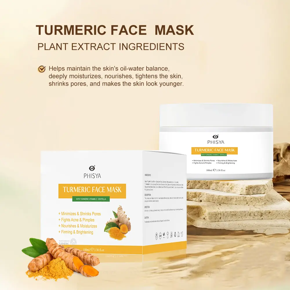 PHISYA Turmeric Mud Mask, formulated with turmeric, hyaluronic acid, and aloe vera extract, balances oil and moisture, reduces blemishes, nourishes and moisturizes, and helps improve uneven skin tone, dryness, and fine lines. Suitable for all skin types.