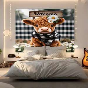 Charming Highland Cow Daisy Tapestry, Cute Rustic Farmhouse Wall Art, Soft Lightweight Aesthetic Room Decor, Warm Cozy Country Style Wall Hanging for Girls Teens & Dorm, Lovely Animal Print Bedroom Backdrop