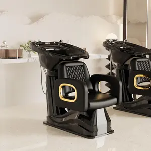 Baasha Black and Gold Shampoo Chair, Plastic Shampoo Bowl and Chair Set for Salon, Comfortable Barber Backwash Chair with Memory Sponges Cushion, Hair Washing Station for Barbershop