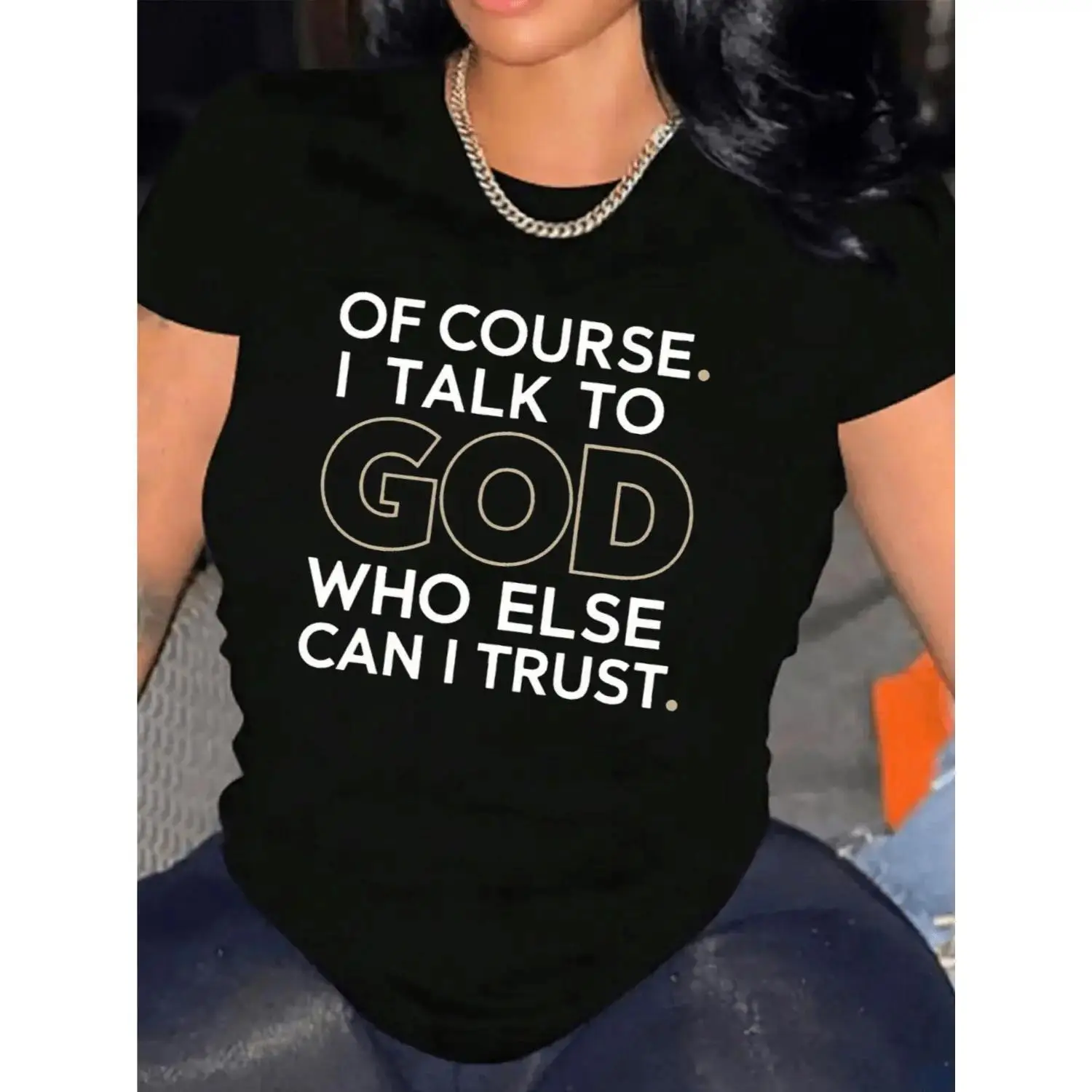 Women's 100% Heavy Cotton Short-Sleeve Round Neck Casual Tshirt, Comfortable Casual Everyday Top with "Of Course I Talk to God" Design, Casual Everyday Tops