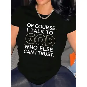 Women's Casual Short-Sleeve Round Neck T-Shirt, 100% Heavy Cotton Comfortable Top with "Of Course I Talk to God" Design, Casual T Shirt