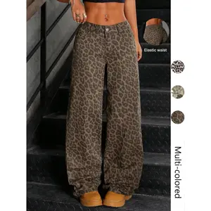 Women’s leopard print wide-leg pants, bohemian-style pants, casual loose fit with an elastic waistband, snap closure and button fly, available in multiple colors GARMENTARY