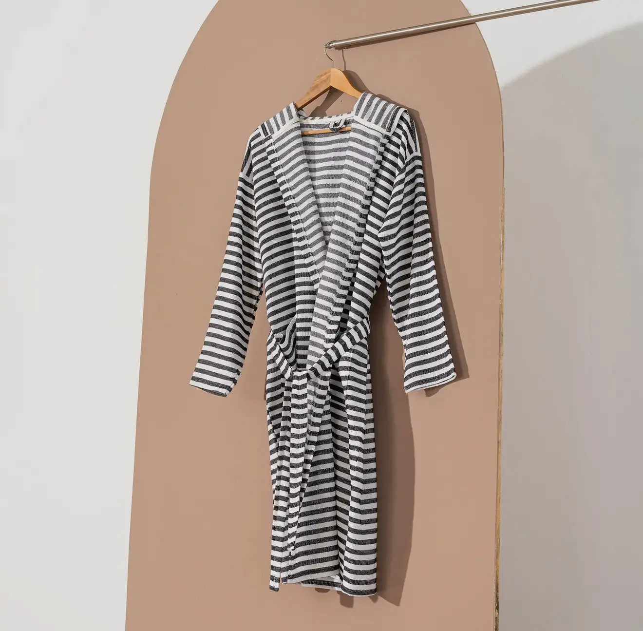 Bathrobe Turkish Cotton Light Weight Hood Quick-Dry Robe: Black Stripe