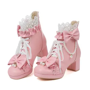 CELNEPHO Goth Ankle Boots for Women Round Toe Chunky Block Heel Back Zipper Lace up Easy Slip on Cute Bow Party Wedding Cosplay Kawaii Dress Shoes