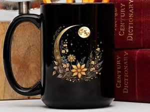 Crescent Moon and Wildflower Mandala Mug, Dark Cottagecore Mug, Spiritual Witchy Coffee Cup, Wiccan Moon Mug, Mystical Crescent Moon