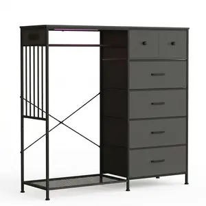 6-Drawer Wooden Top Drawer Storage Cabinet with Iron Frame, Hanging Rack, Lights, Charging Station, Grid Panel - Easy-Assembly Indoor Furniture Cupboard for Bedroom Decor, Room Accents