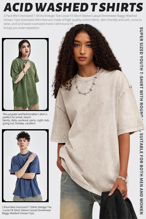 Arssm 3 Pack Oversized Tshirts for Men Gym Vintage Heavyweight T Shirts Cotton Workout Acid Wash Baggy Tees