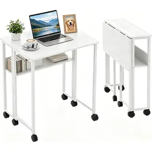 Folding Desk Small Rolling Desk with Storage Shelf,24.8 Inch Foldable Space-Saving Computer Table with Wheels,Portable Office Desk for Small Space Sofa Table,Easy Assembly,Work Bedroom or Dorm