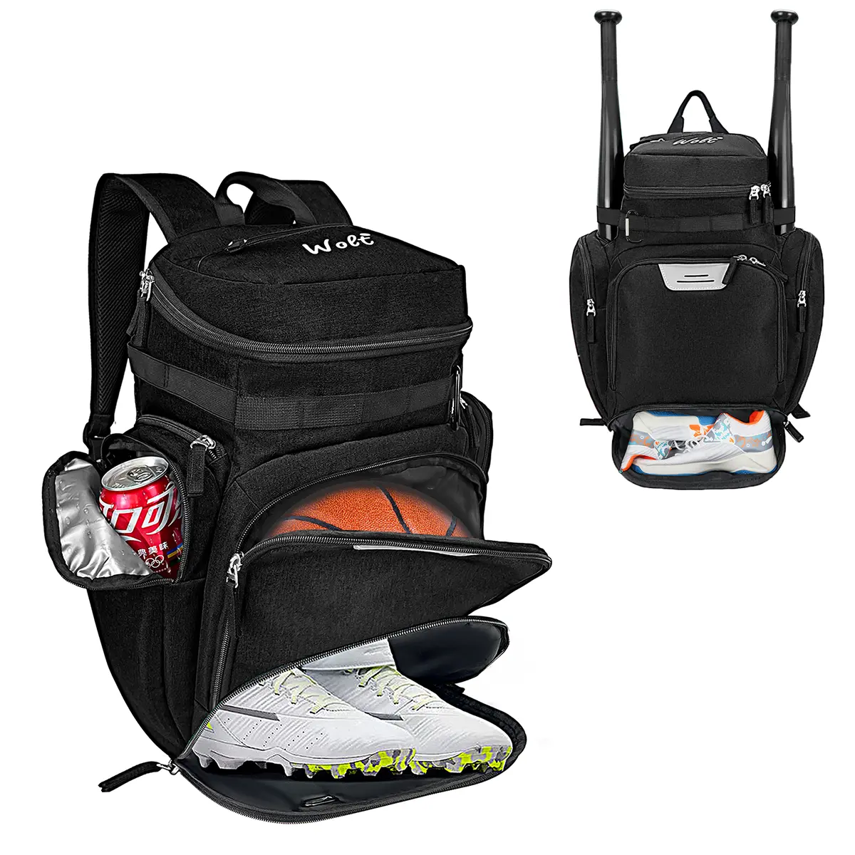 Wolt Sports Youth Polyester Multi-Sport Backpack for Basketball, Volleyball, Soccer - Large Size, Ball Compartment, Vented Pockets, Shoe Pocket, Airflow Back, Adjustable Shoulder Straps, Football, Rugby