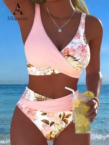 New Beach Pool Party Criss-Cross Front Half Solid Color Half Print Sexy Bikini Split Swimsuit Women