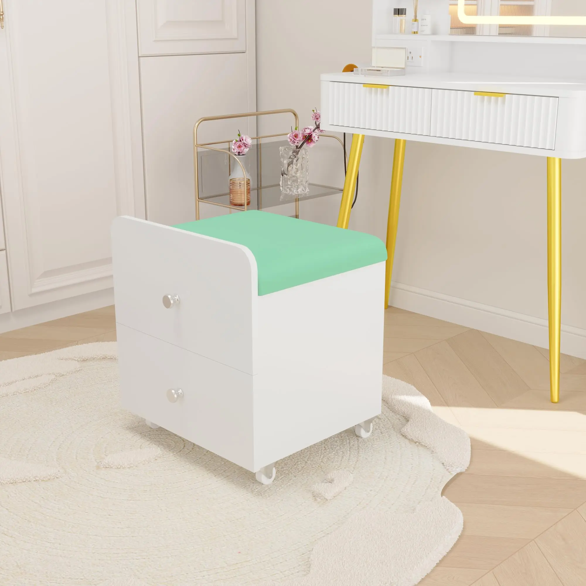 GAOMON Modern Ottoman Chair - Comfortable Practical Vanity Stool with Ample Storage Drawers, Locking Wheels, Smooth Mobility for Living Room, Bedroom