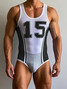 Men's Number Printed Sleeveless Triangle Bodysuit, Casual Sporty Style Crew Neck Jumpsuits for Summer, Men's Bottoming Playsuits, Streetwear Fashion Men's Clothes for Daily Wear, Menswear, Body Shaping Shapewear