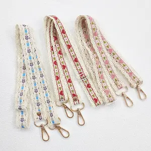 Boho Style Handmade Embroidered Canvas Bag Strap with Adjustable Heart Stitching, 2.5cm Wide Crossbody Phone Rope for iPhone 17 Pro Max, Camera, Water Bottle & Small Cloth Bag Shoulder Belt, Accessory Cord