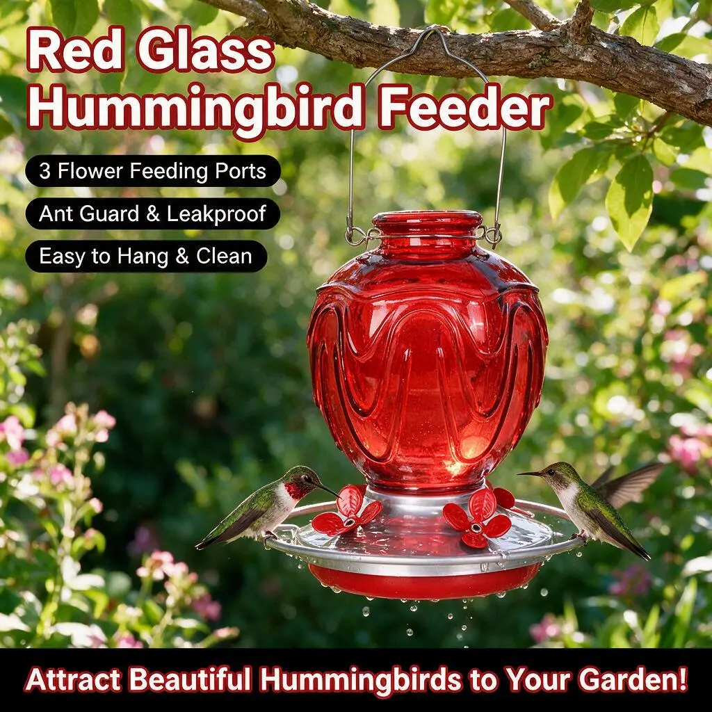 Outdoor Hanging Glass Hummingbird Feeder - Glass Body, 4 Flower-Shape Perch Feeding Ports, Built-In Ant Moat, Leak-Proof Base, Large Caliber Opening, Detachable, Deep Wash Access, Hummingbird Magnet for Balcony, Ideal Gift for Bird Enthusiasts