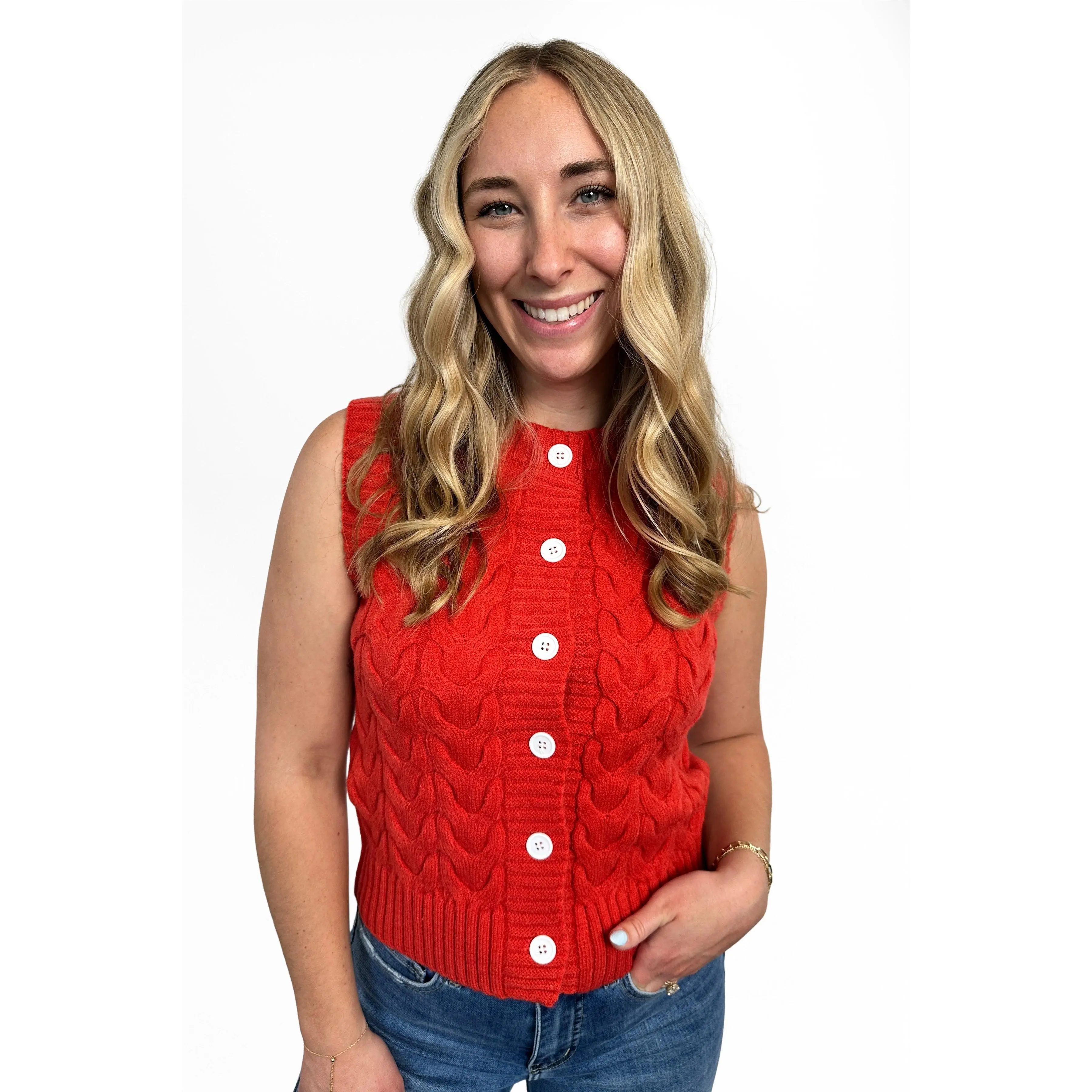Women's Sleeveless Button-Front Cable Knit Vest by Ava Lane, Ribbed Acrylic Blend Fabric, Button Closure, Sleeveless Button-Front Women's Vests