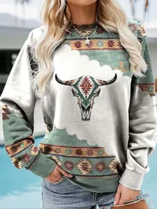 Women's Western Ethnic Print Sweatshirt, Casual Vintage Style Pullover, Ladies Sporty Top, Comfortable and Stylish, Perfect for Daily Wear