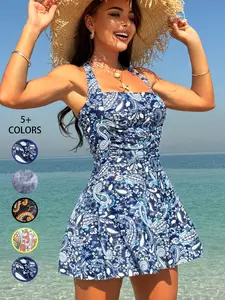 Women's Ethnic Pattern Ruched Halter Tie Back One-piece Swimsuit, Boho Sleeveless Backless Swim Dress, Summer Beach Swimdress for Beach Vacation, Ladies Swimsuit for All Seasons