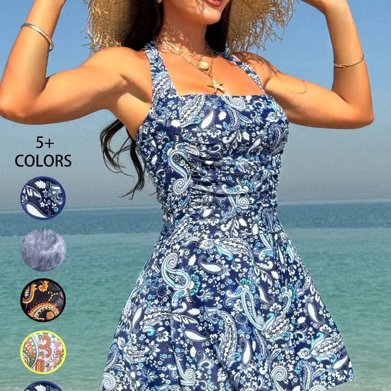 Women's Ethnic Pattern Ruched Halter Tie Back One-piece Swimsuit, Boho Sleeveless Backless Swim Dress, Summer Beach Swimdress for Beach Vacation, Ladies Swimsuit for All Seasons, Summer Swimsuits, Beach Swimwear Clothes