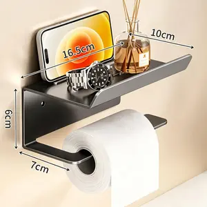 Bathroom Toilet Paper Holder with Shelf, No Drill Adhesive Roll Paper Rack, Wall Mounted Storage Organizer for Vanity, Aromatherapy, Mobile Phone & Bathroom Essentials