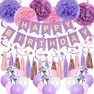 Purple Pink Party Decorations for Women Girls With Happy Birthday Banner, Hanging Swirls, Tissue Paper Pompoms, Circle Dots Garland, Tassel Garland, Purple Balloons