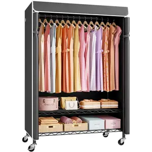 P6C Plus Rolling Clothes Rack with Cover, Covered Clothing Rack Heavy Duty, Portable Closet for Hanging Clothes, Garment Rack on Wheels, Black Closet Rack with Black Cover, Max Load 375LBS