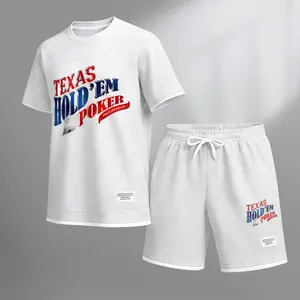 Men's Poker Theme print drawstring shorts set for spring/summer, a casual summer outfit including a short-sleeved shirt and shorts, suitable for everyday wear and sports. A two-piece set for a relaxed and energetic lifestyle.