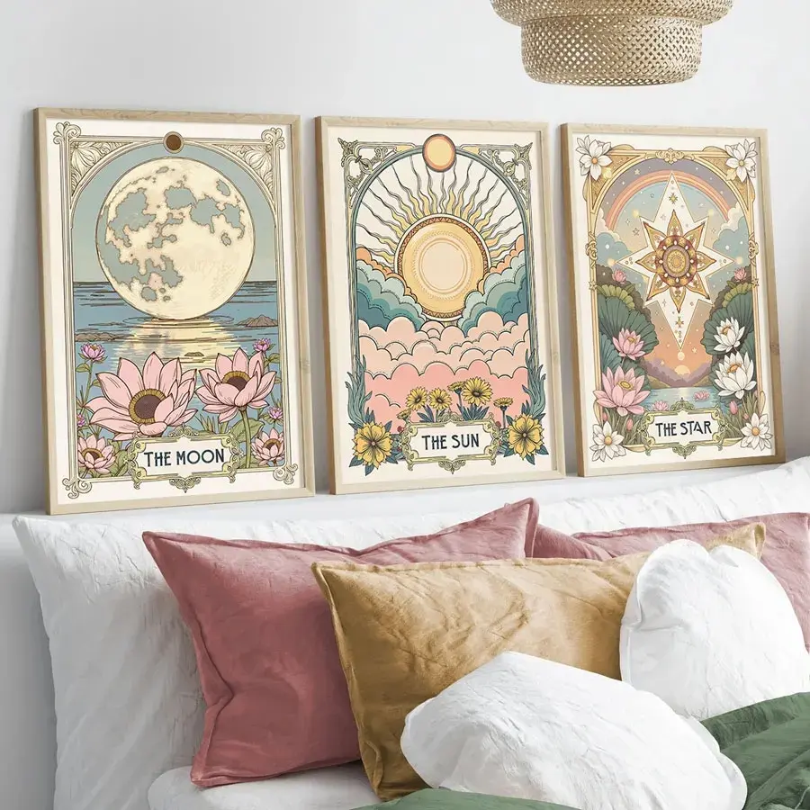 Set of 3 Retro Sun, Stars and Moon Tarot Cards Art Prints, Vintage Prints, Retro Flower & Plant Wall Decor, Celestial Wall Decor, Home Decoration Astrology Gifts, Rimless, Art Work For Wall Decor