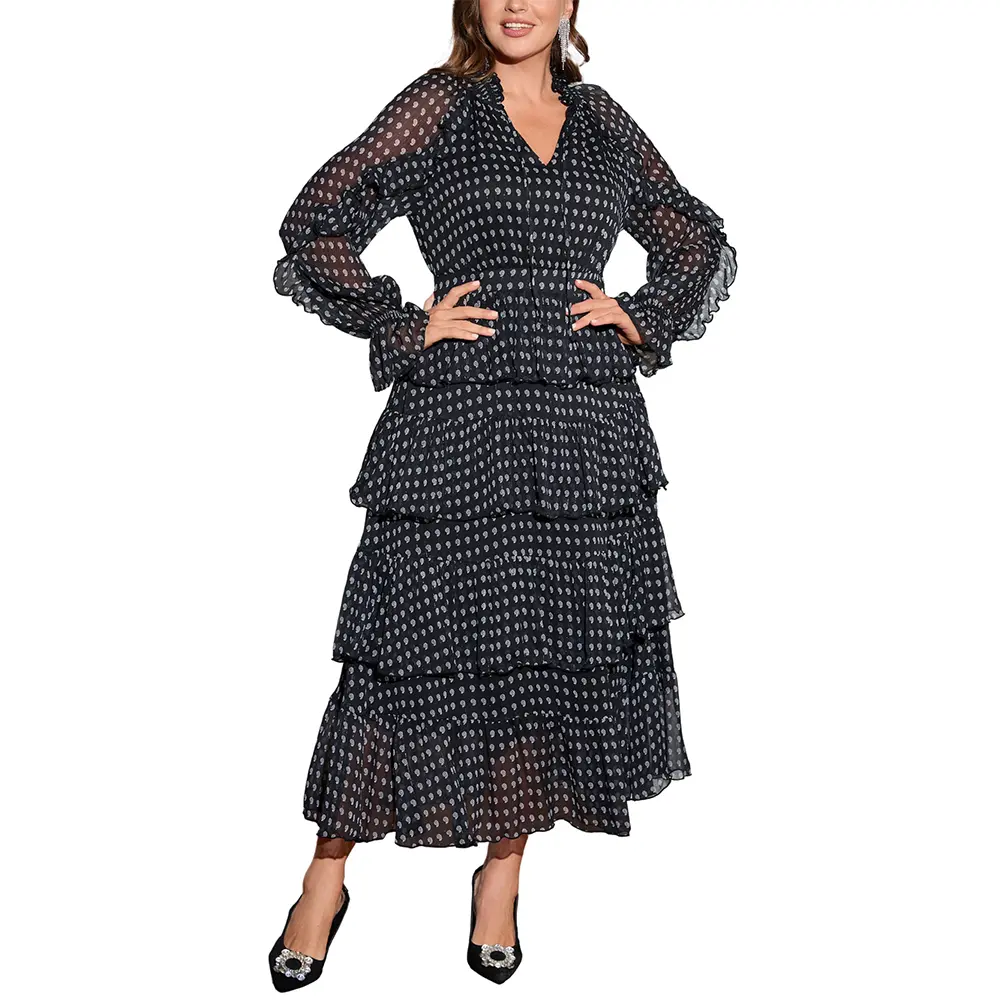 Plus Size Wedding Guest Chiffon Dress Flowy V-Neck Tiered Polka Dot Ruffle Hides Tummy Casual & Workwear - Womenswear