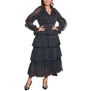 Plus Size Wedding Guest Chiffon Dress Flowy V-Neck Tiered Polka Dot Ruffle Hides Tummy Casual & Workwear - Womenswear