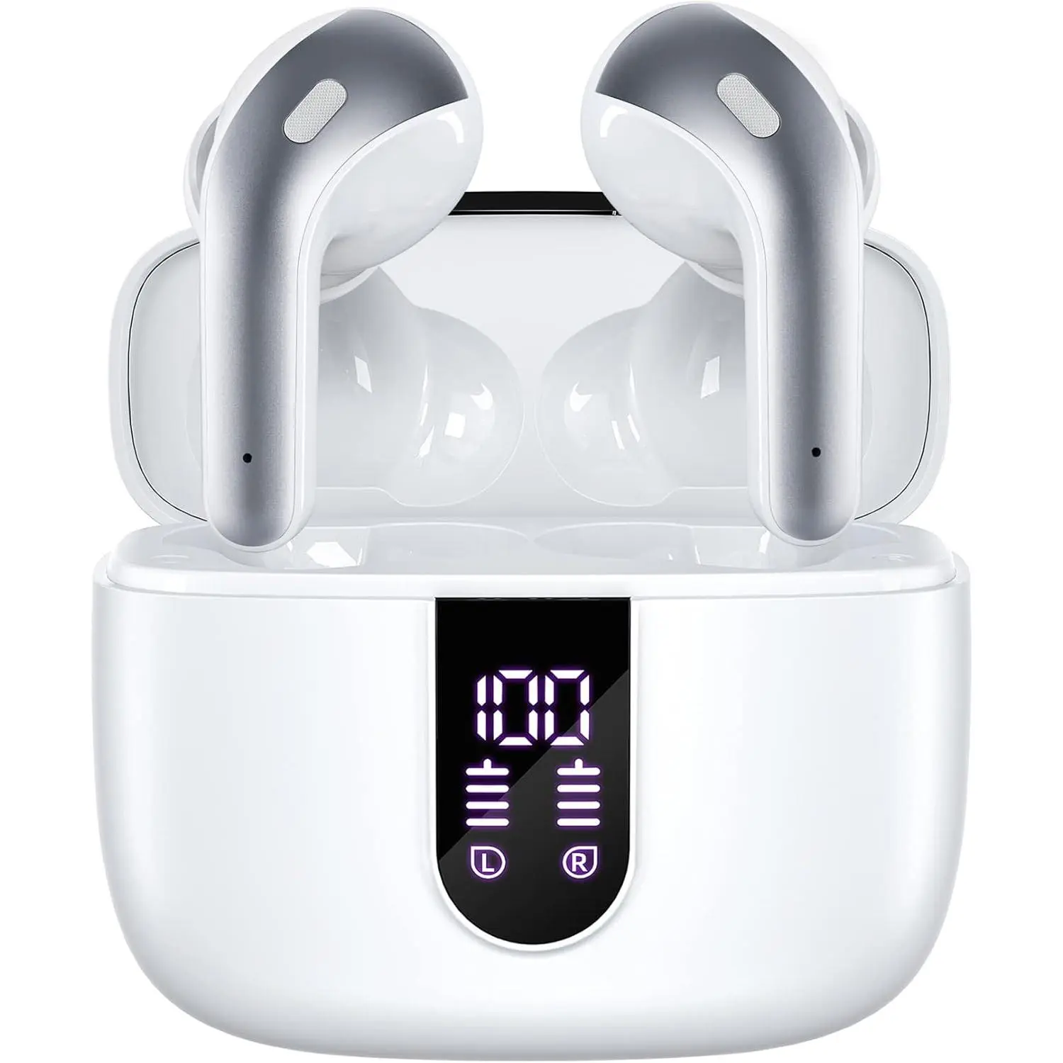 F-HPS12 True Wireless Bluetooth Stereo Headset, Chargeable Earbuds with 60H Playback, LED Power Display, Wireless/USB Charging Case, IPX5 Waterproof, Noise-Reducing Mic – Mobile/Smart Phone Audio Digital Electronic Device for Sports