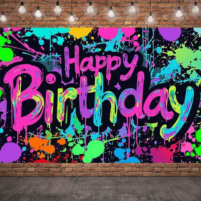 Neon Happy Birthday Backdrop, 80s 90s Colorful Graffiti Splash Paint Polyester Banner, Glow Neon Party Photo Booth Decor for Birthday Party Supplies Wall Decoration, Party Banner