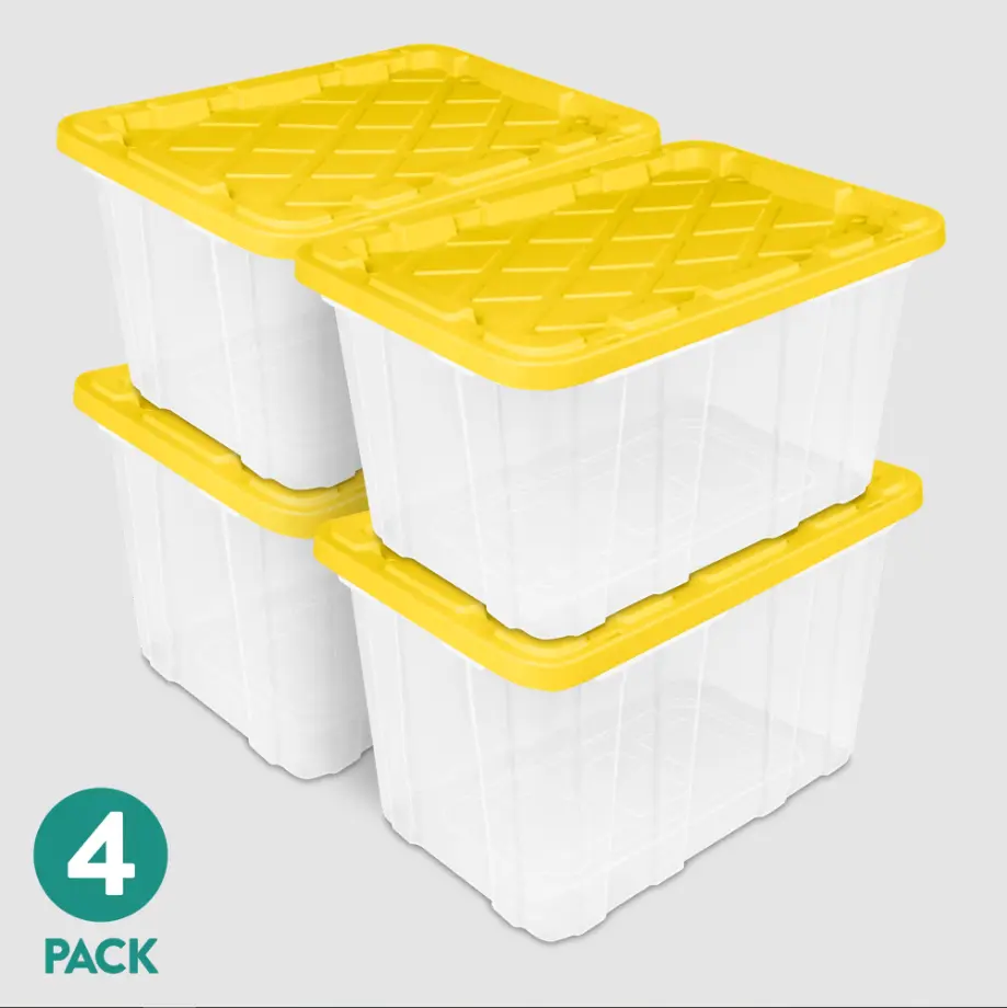 Sterilite Large Industrial Storage Tote, 27 Gallon Durable Clear Plastic Storage Bin with Snap-Fit Lid, Yellow, 4 Pack
