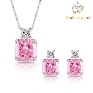 Pink Diamond Flowing Light Set 925 Silver High Carbon Ice-Transparent Zircon Double-Layer Square Diamond Necklace Ear Stud Women's Jewelry Set, Suitable for Dating, Parties, Birthdays, and Other Occasions, Also the First Choice for Gifts